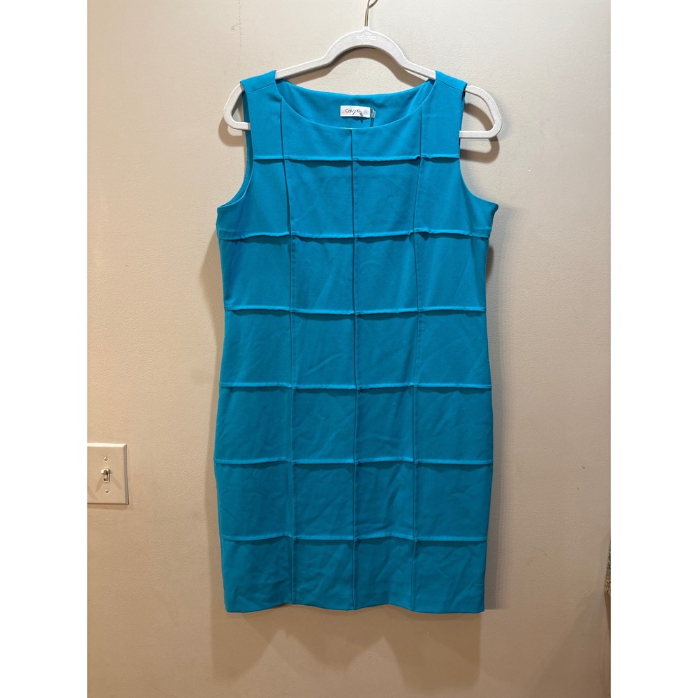 Calvin Klein Blue Grid Seam Sheath Dress‎ Sleeveless Turquoise Size 12 Flirty